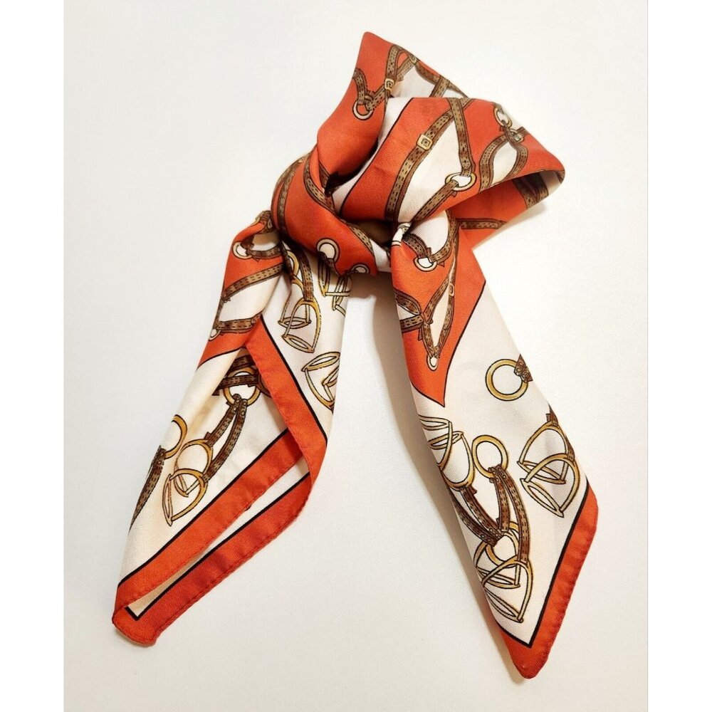 VTG Kayser Horsebit White & Orange Square Scarf 100% Trevira Made In Italy 20"